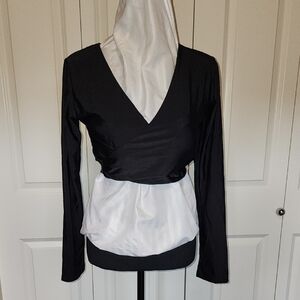 Women's Black V-Neck Long Sleeve Wrap Swim Top With Tie-back